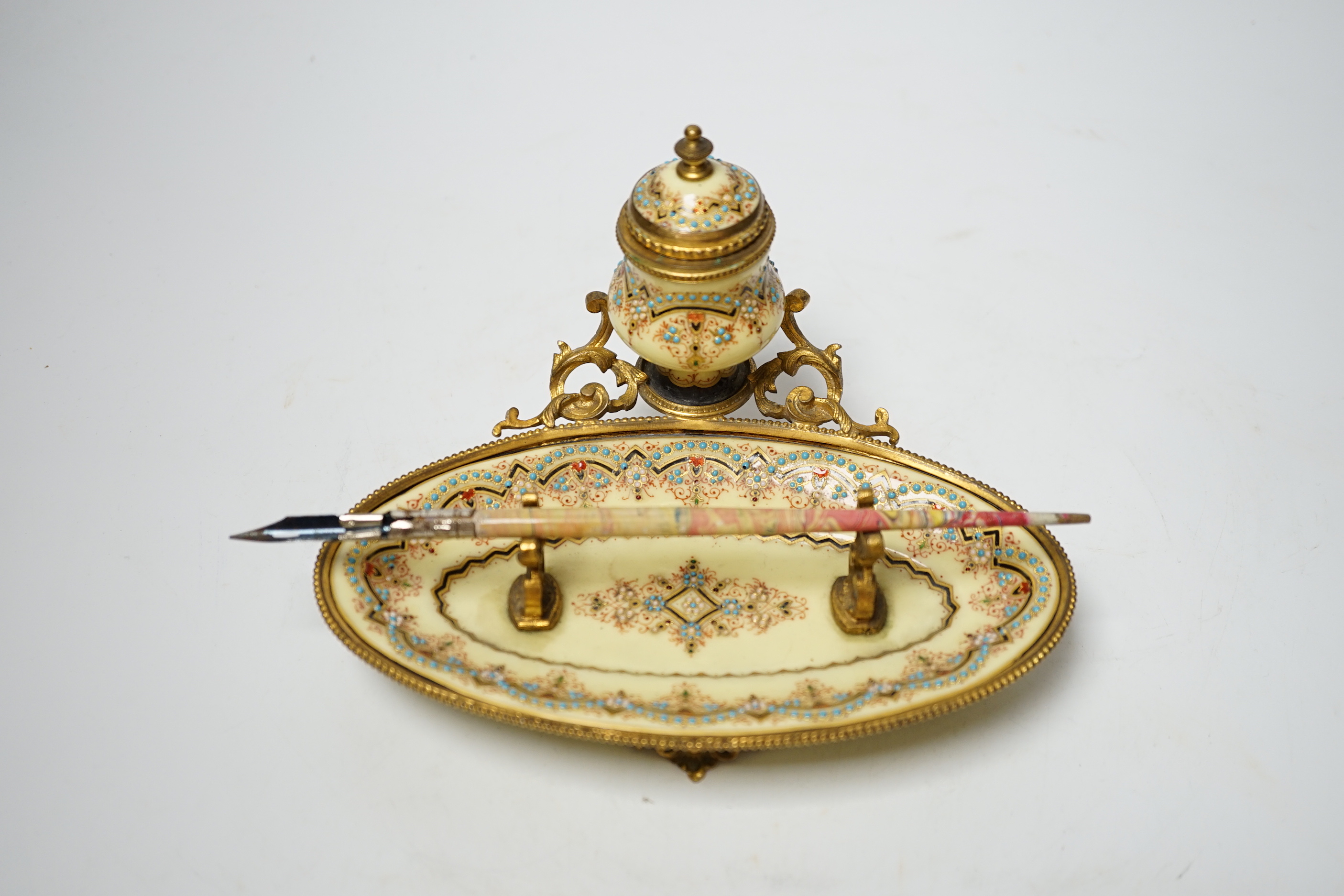 A 19th century French jewelled enamel and ormolu ink stand, 18cm wide